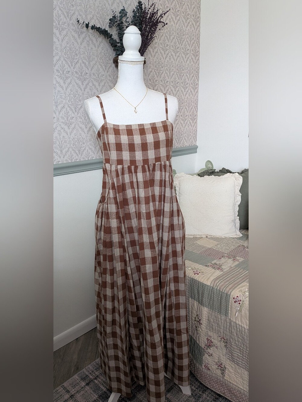 Grade & Gather Brown Plaid Cotton Linen Maxi Dress L Cottagecore